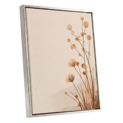 Whispers in the Reeds, beige, brown, orange nature wall art shown as a silver framed canvas wall art