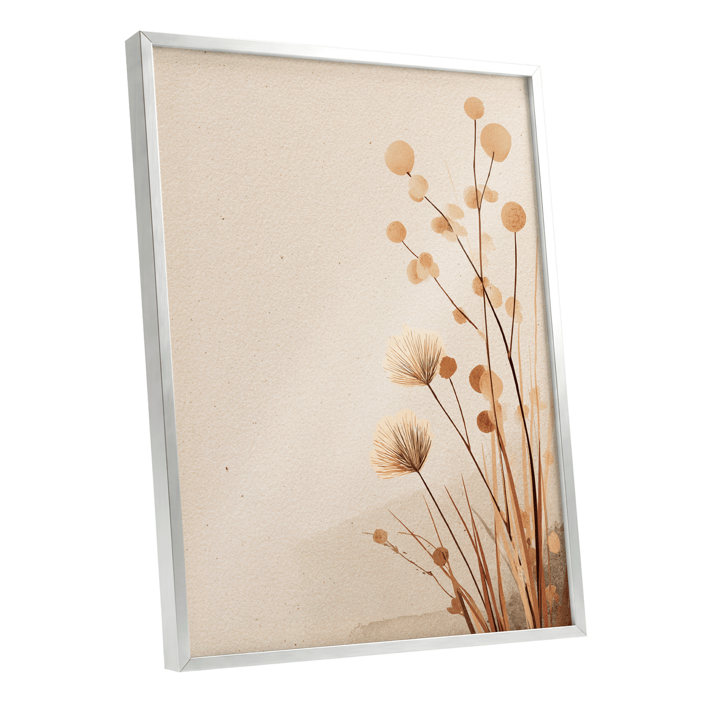 Whispers in the Reeds, beige, brown, orange nature wall art shown as a silver framed poster wall art print