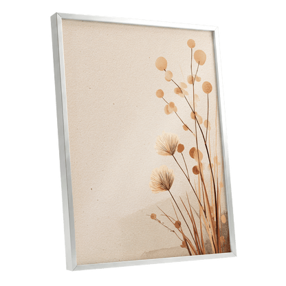 Whispers in the Reeds, beige, brown, orange nature wall art shown as a silver framed poster wall art print