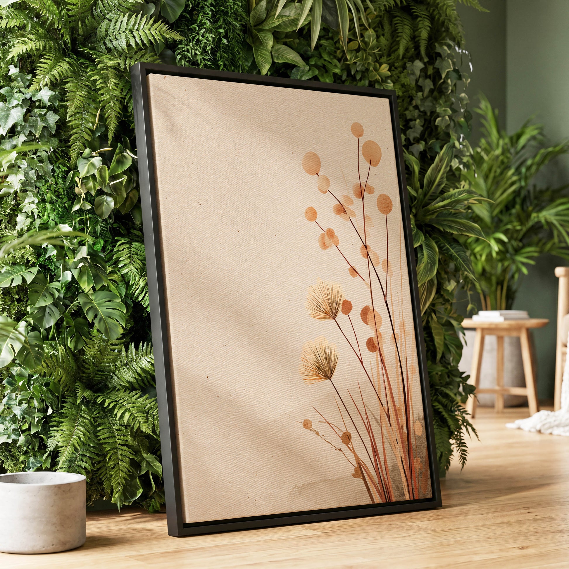 Whispers in the Reeds, beige, brown, orange nature wall art displayed in a styled interior, gallery view 1
