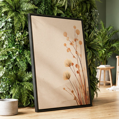 Whispers in the Reeds, beige, brown, orange nature wall art displayed in a styled interior, gallery view 1