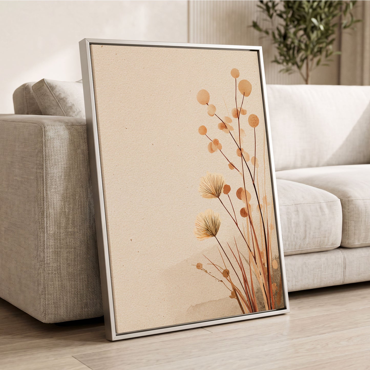 Whispers in the Reeds, beige, brown, orange nature wall art displayed in a styled interior, gallery view 2