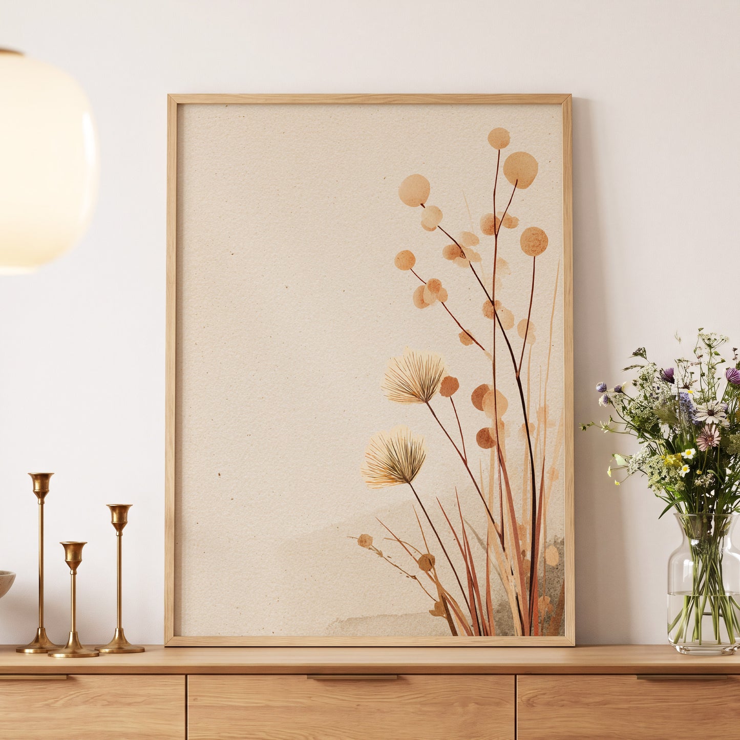 Whispers in the Reeds, beige, brown, orange nature wall art displayed in a styled interior, gallery view 5