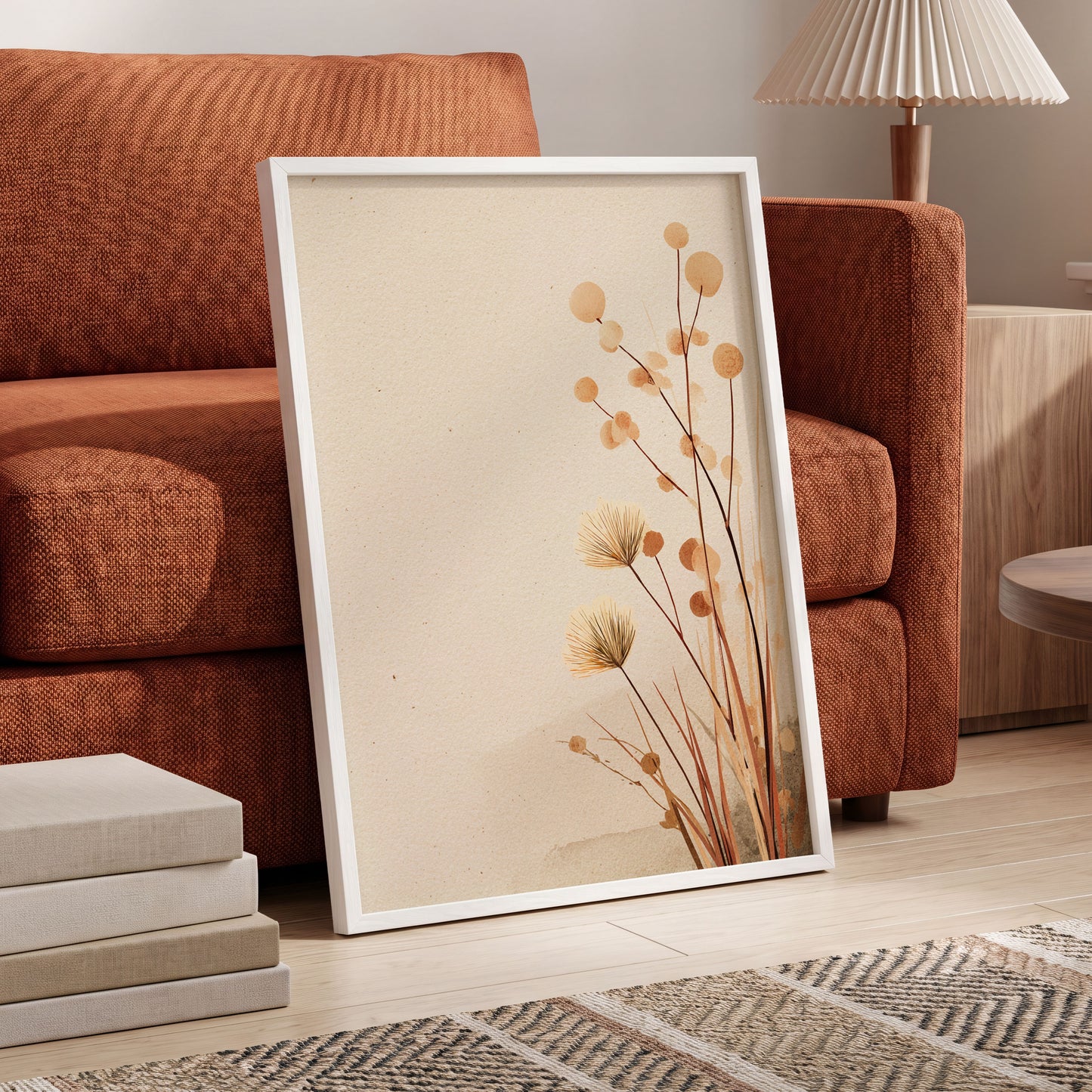 Whispers in the Reeds, beige, brown, orange nature wall art displayed in a styled interior, gallery view 6