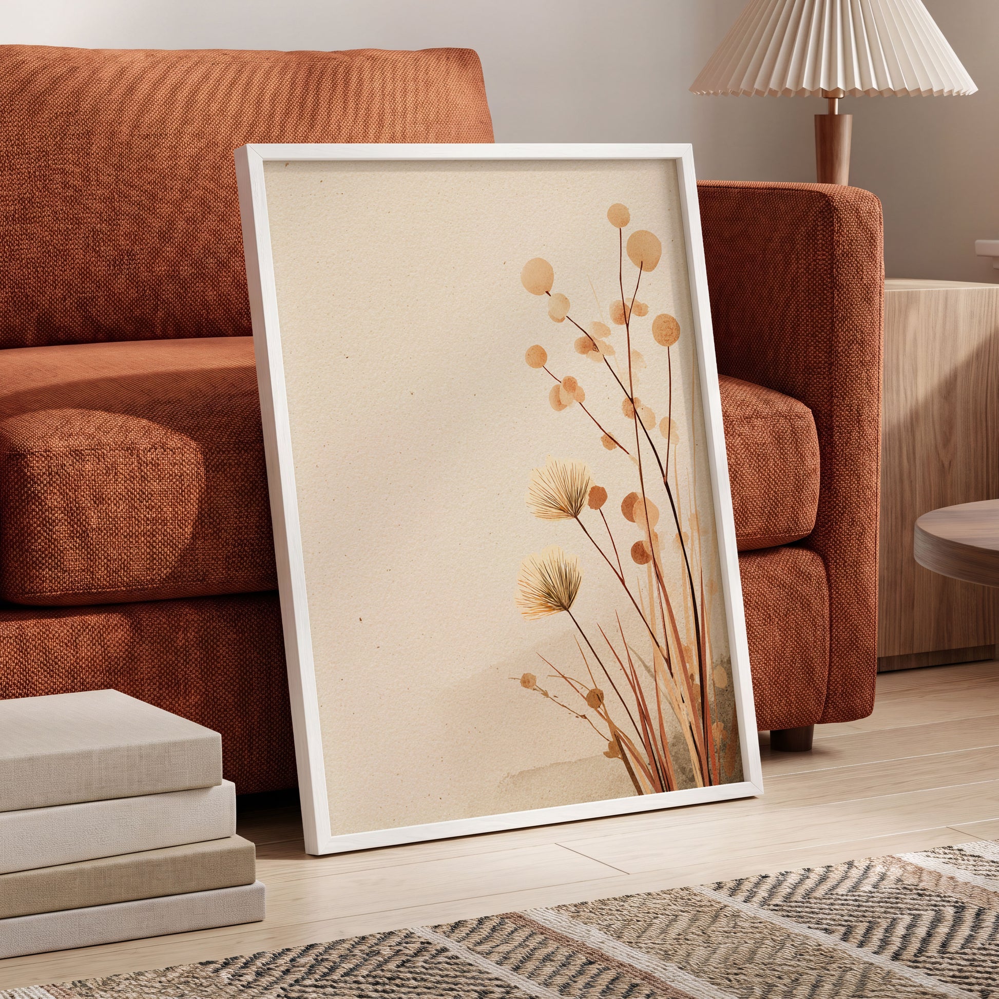 Whispers in the Reeds, beige, brown, orange nature wall art displayed in a styled interior, gallery view 6