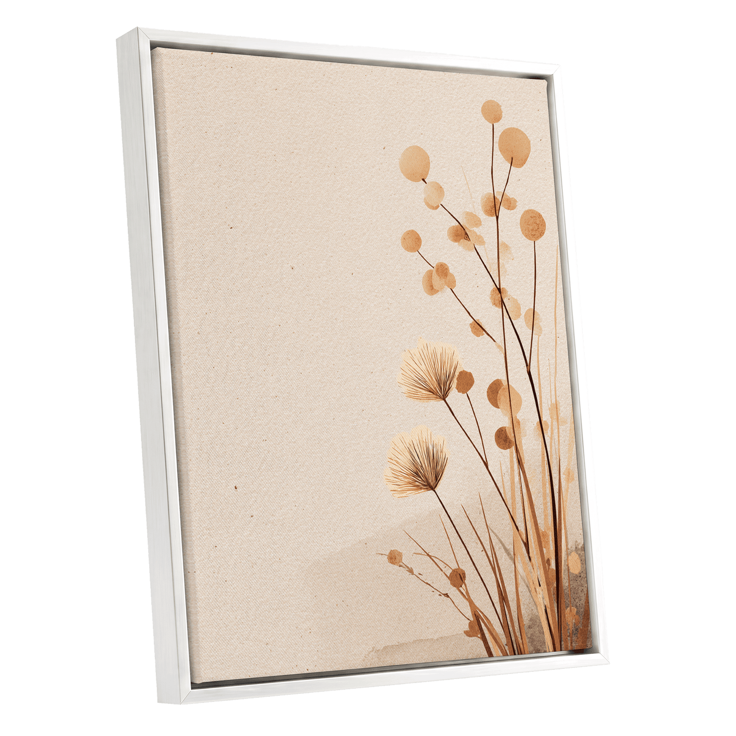 Whispers in the Reeds, beige, brown, orange nature wall art shown as a white framed canvas wall art