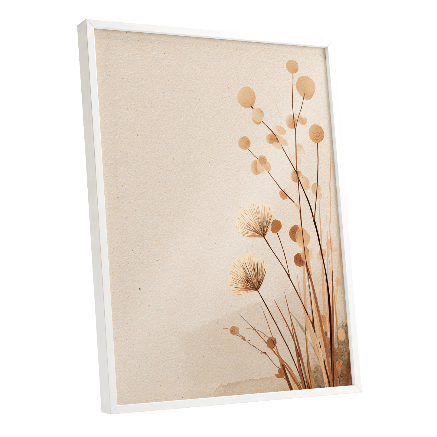 Whispers in the Reeds, beige, brown, orange nature wall art shown as a white framed poster wall art print