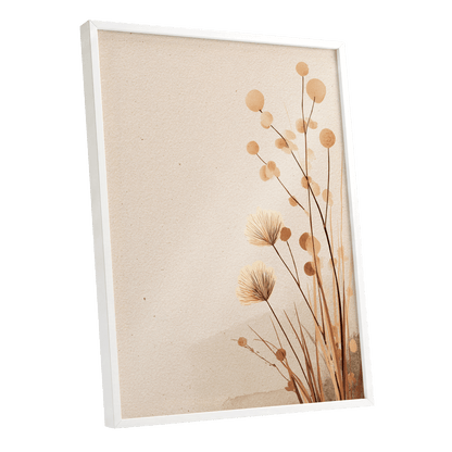 Whispers in the Reeds, beige, brown, orange nature wall art shown as a white framed poster wall art print