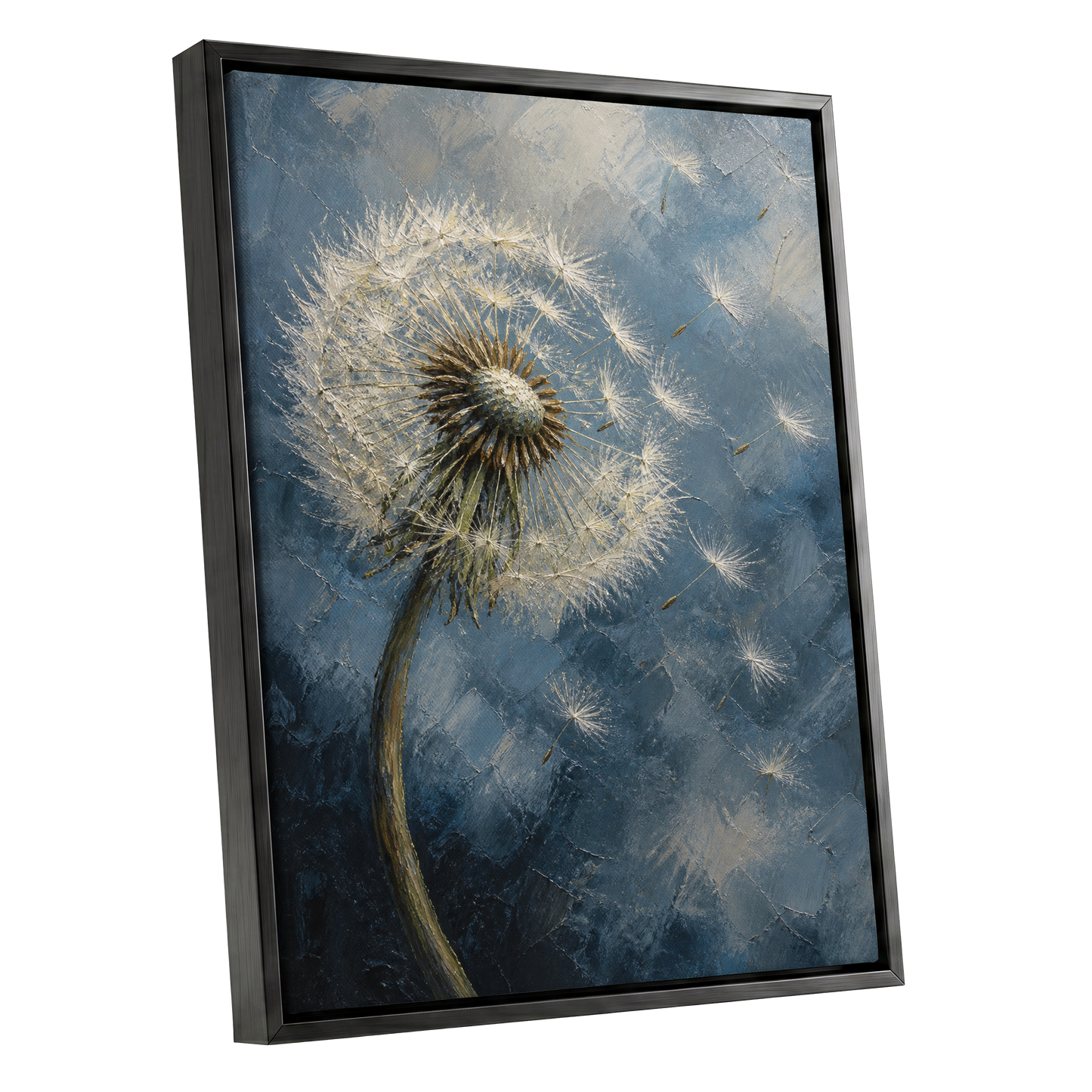 Whispers on the Wind, blue, white, brown nature wall art shown as a black framed canvas wall art