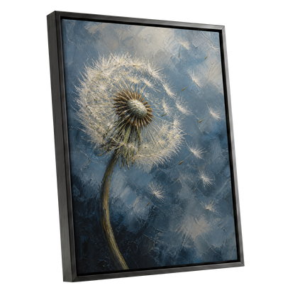 Whispers on the Wind, blue, white, brown nature wall art shown as a black framed canvas wall art