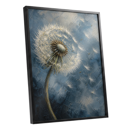 Whispers on the Wind, blue, white, brown nature wall art shown as a black framed poster wall art print