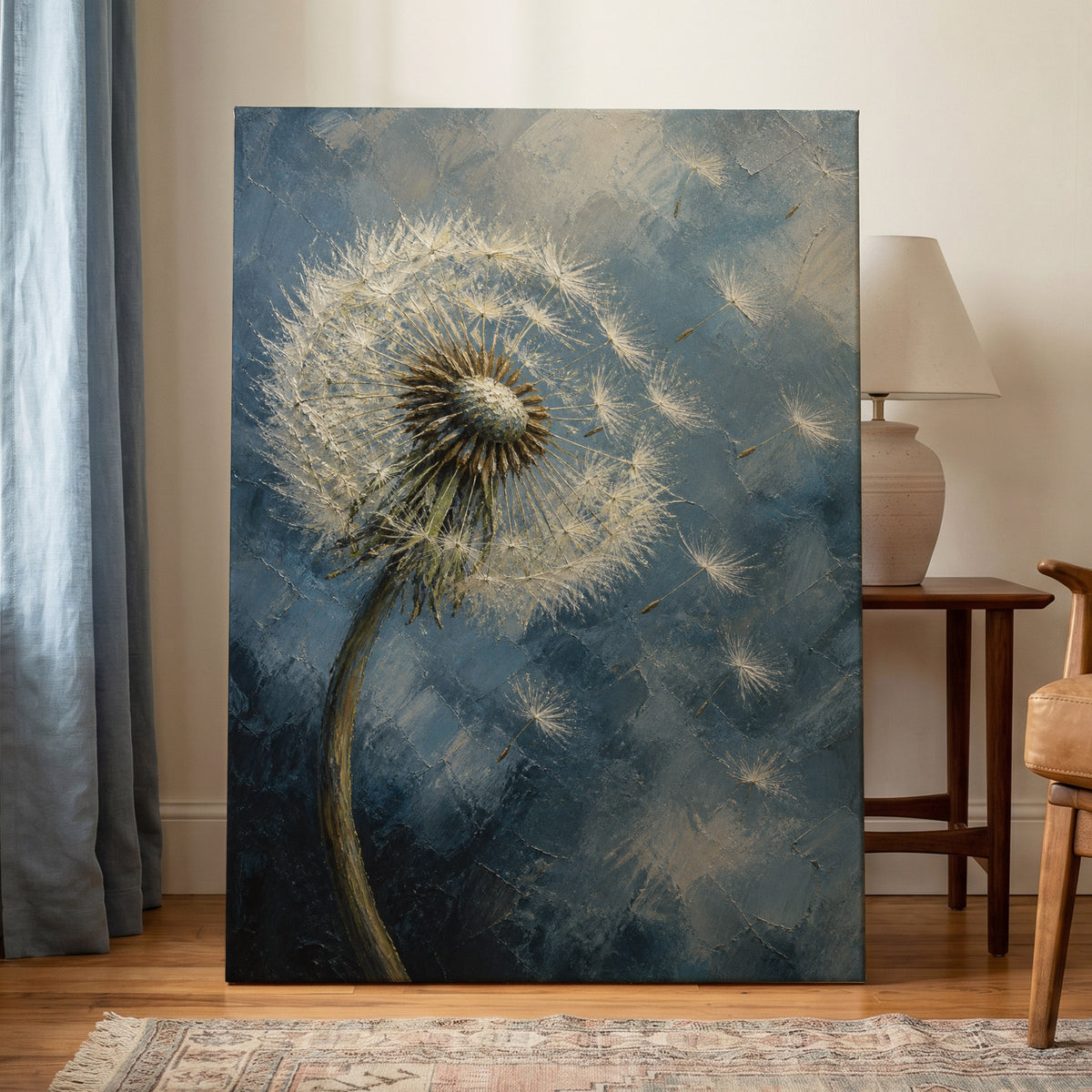 Whispers on the Wind, blue, white, brown nature wall art on canvas displayed in a styled interior, gallery view 1