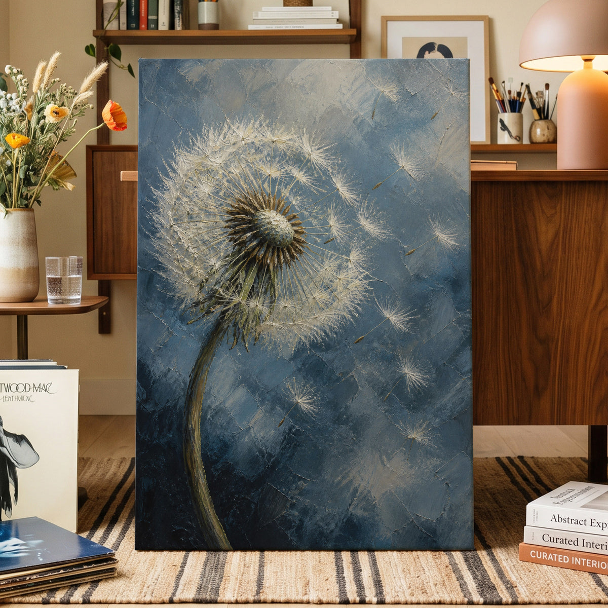 Whispers on the Wind, blue, white, brown floral wall art on canvas displayed in a styled interior, gallery view 1