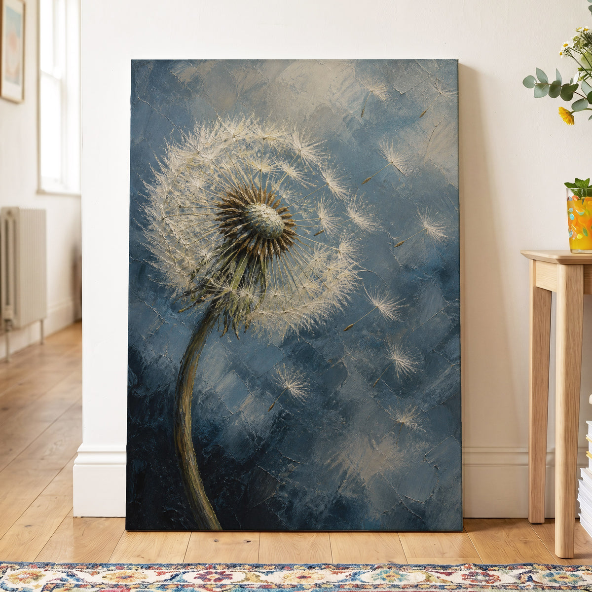 Whispers on the Wind, blue, white, brown nature wall art on canvas displayed in a styled interior, gallery view 2