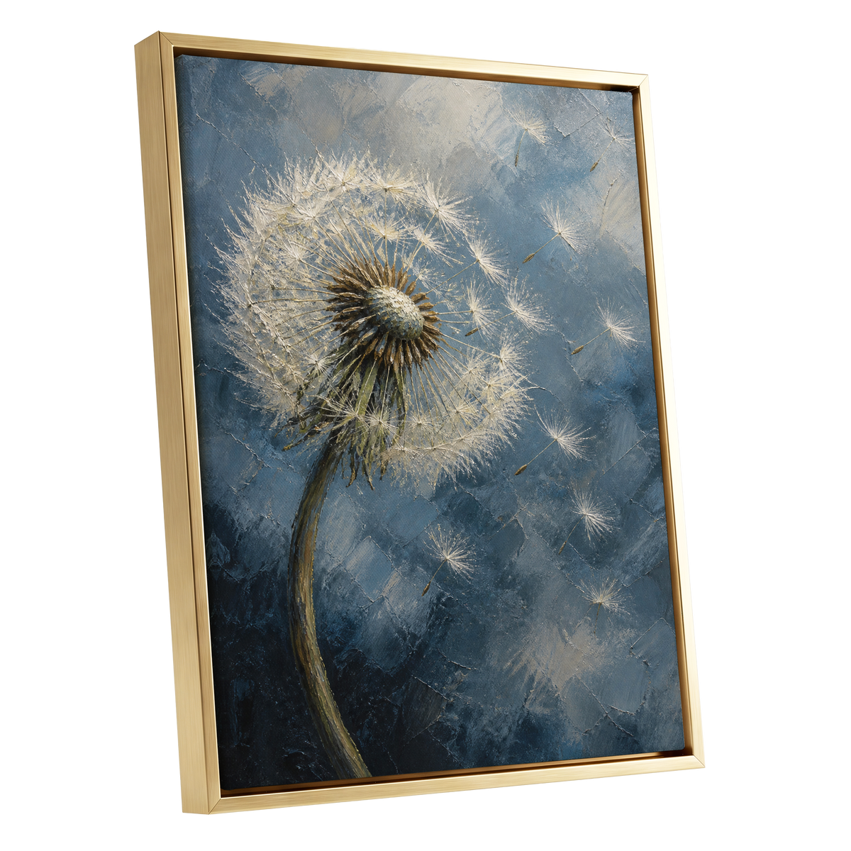 Whispers on the Wind, blue, white, brown nature wall art shown as a gold framed canvas wall art