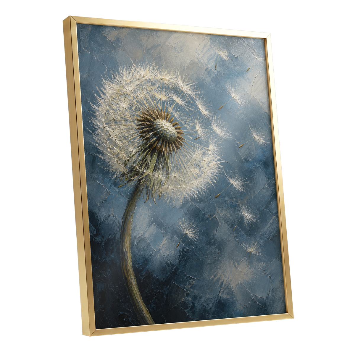 Whispers on the Wind, blue, white, brown nature wall art shown as a gold framed poster wall art print