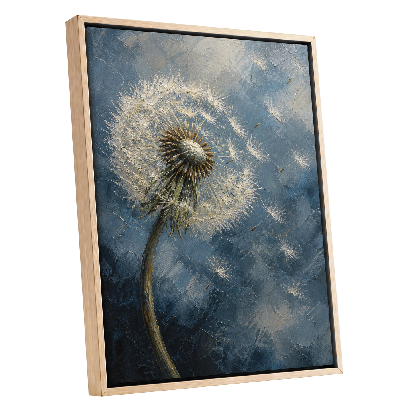 Whispers on the Wind, blue, white, brown nature wall art shown as a oak framed canvas wall art