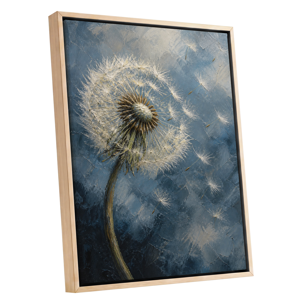 Whispers on the Wind, blue, white, brown floral wall art shown as a oak framed canvas wall art