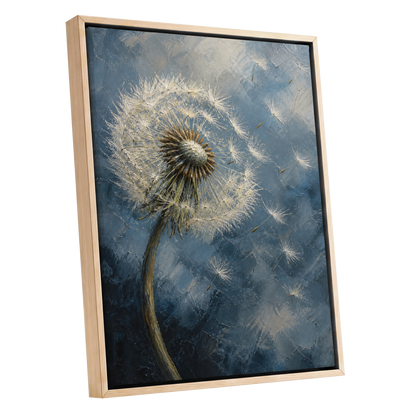 Whispers on the Wind, blue, white, brown floral wall art shown as a oak framed canvas wall art
