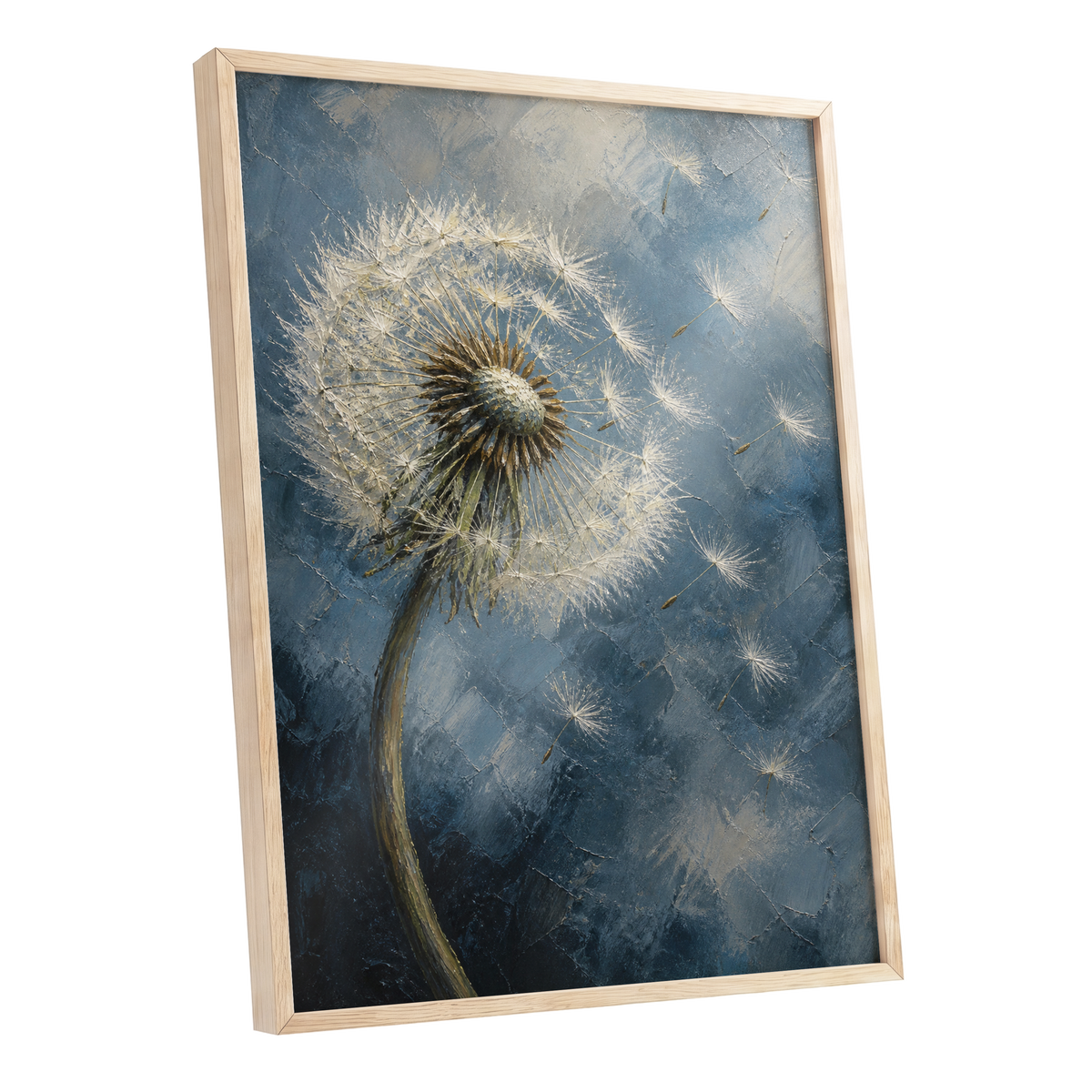 Whispers on the Wind, blue, white, brown floral wall art shown as a oak framed poster wall art print