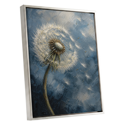 Whispers on the Wind, blue, white, brown nature wall art shown as a silver framed canvas wall art