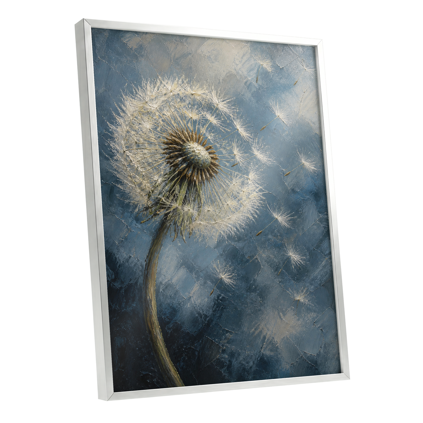 Whispers on the Wind, blue, white, brown nature wall art shown as a silver framed poster wall art print
