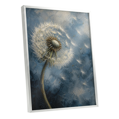 Whispers on the Wind, blue, white, brown nature wall art shown as a silver framed poster wall art print