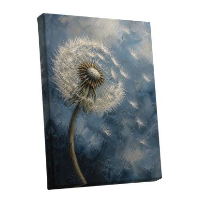 Whispers on the Wind, blue, white, brown floral wall art shown as a stretched canvas wall art