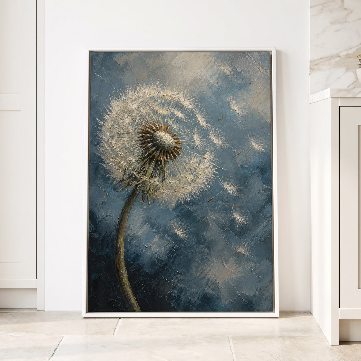 Whispers on the Wind, blue, white, brown nature wall art displayed in a styled interior, gallery view 1
