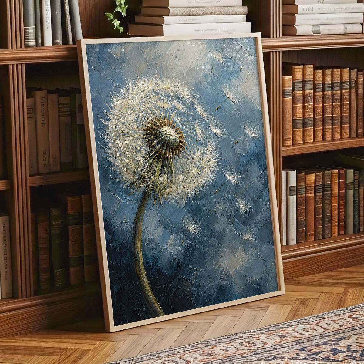 Whispers on the Wind, blue, white, brown floral wall art displayed in a styled interior, gallery view 1