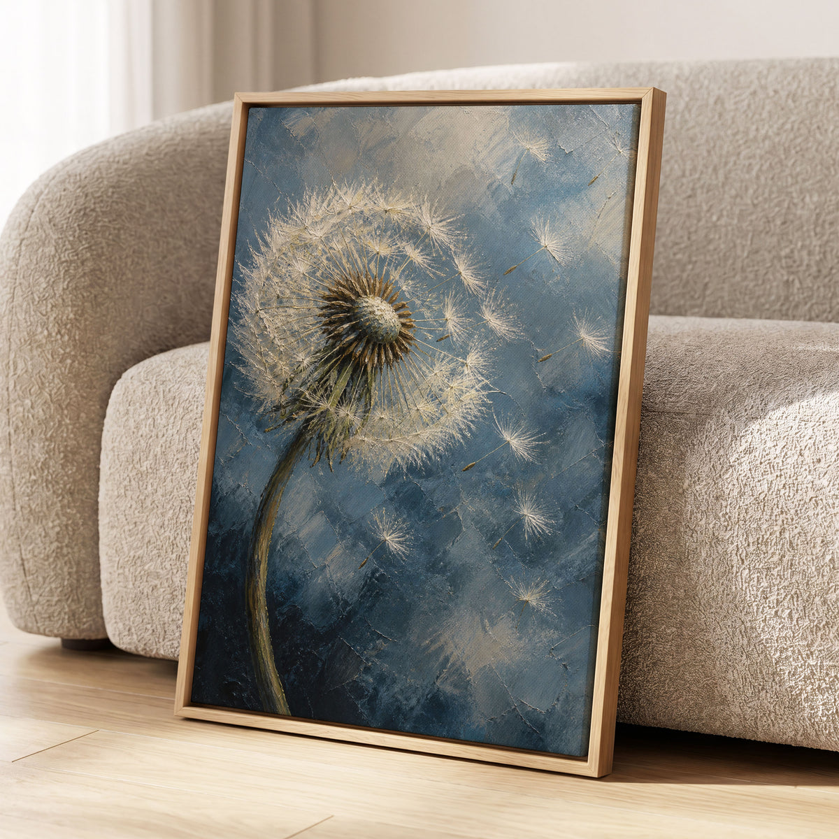 Whispers on the Wind, blue, white, brown nature wall art displayed in a styled interior, gallery view 2