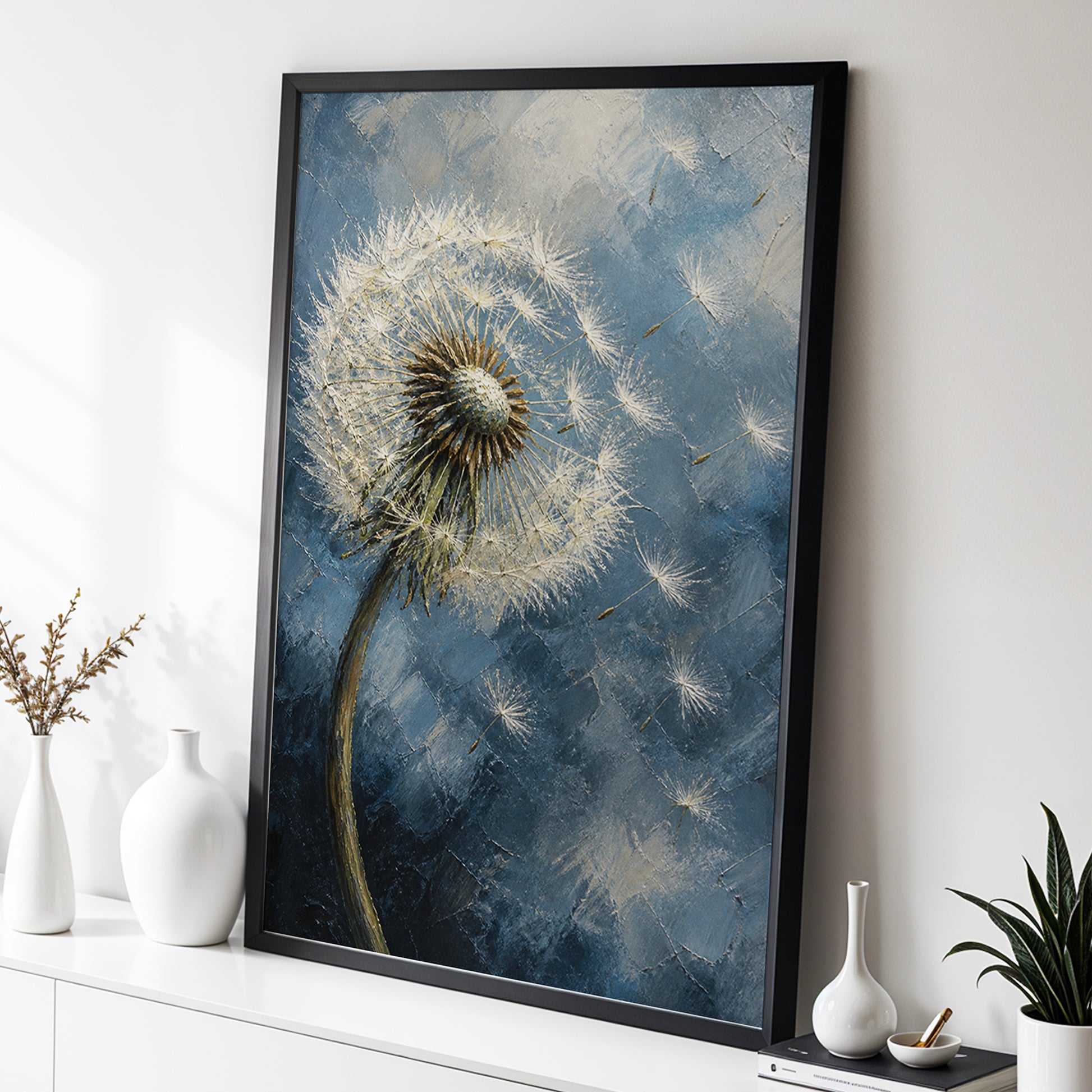 Whispers on the Wind, blue, white, brown nature wall art displayed in a styled interior, gallery view 3