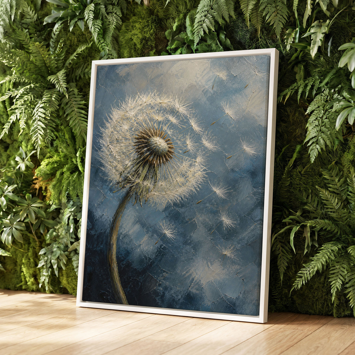 Whispers on the Wind, blue, white, brown floral wall art displayed in a styled interior, gallery view 3