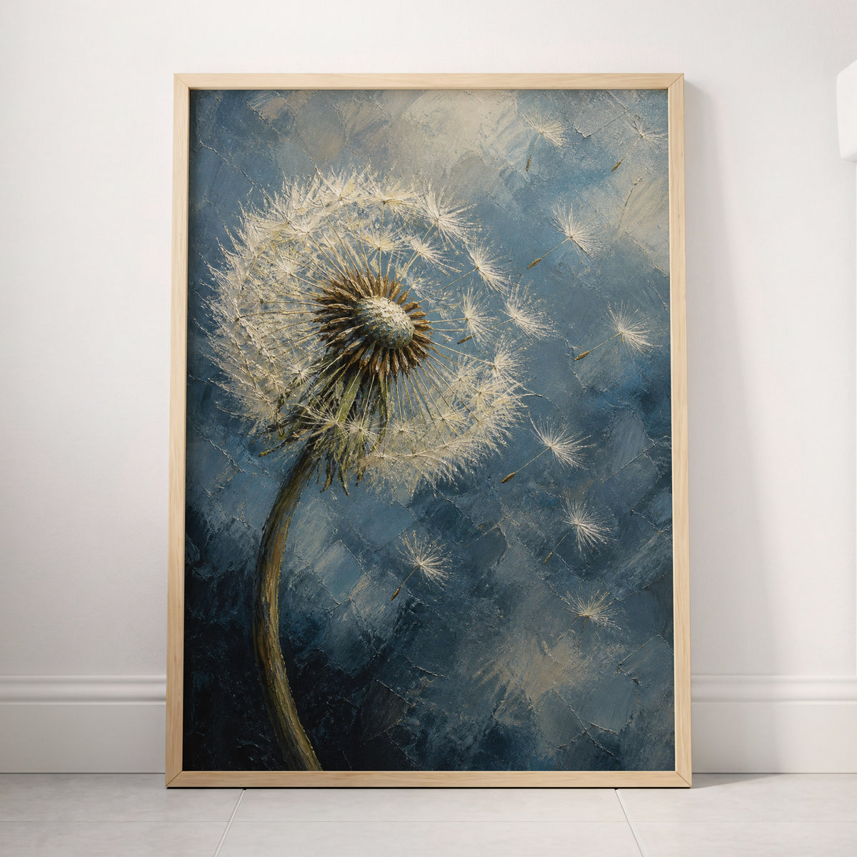 Whispers on the Wind, blue, white, brown nature wall art displayed in a styled interior, gallery view 4