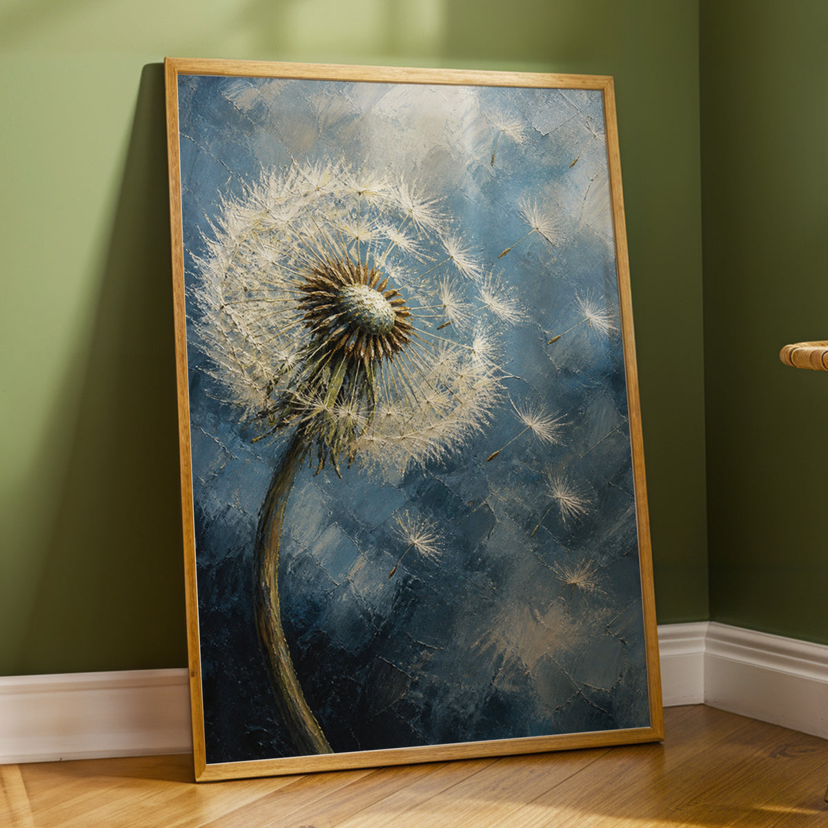 Whispers on the Wind, blue, white, brown floral wall art displayed in a styled interior, gallery view 4