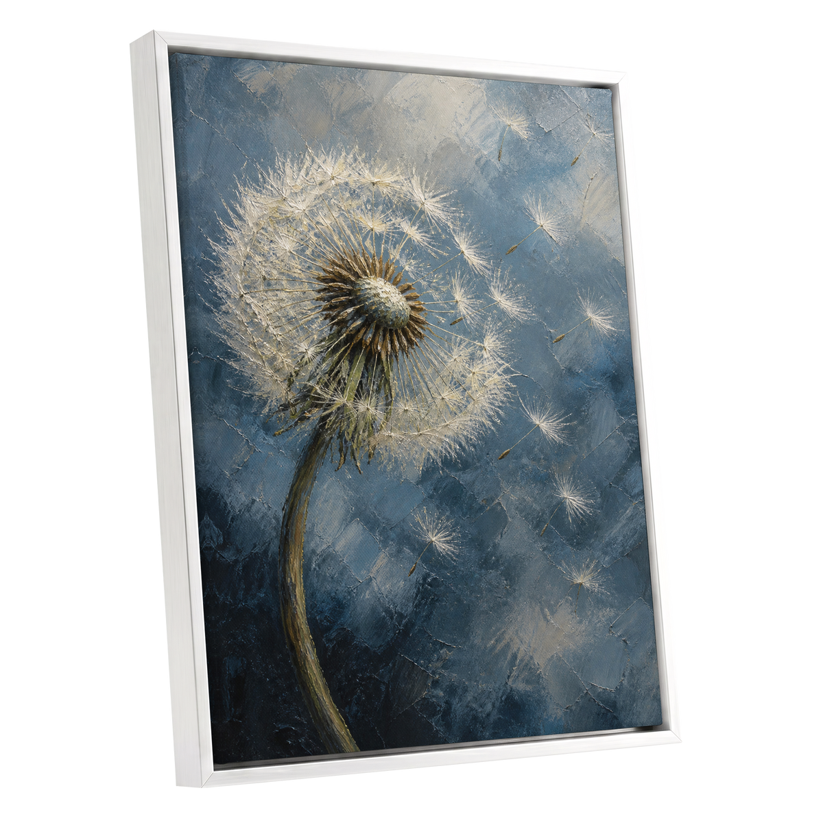 Whispers on the Wind, blue, white, brown floral wall art shown as a white framed canvas wall art