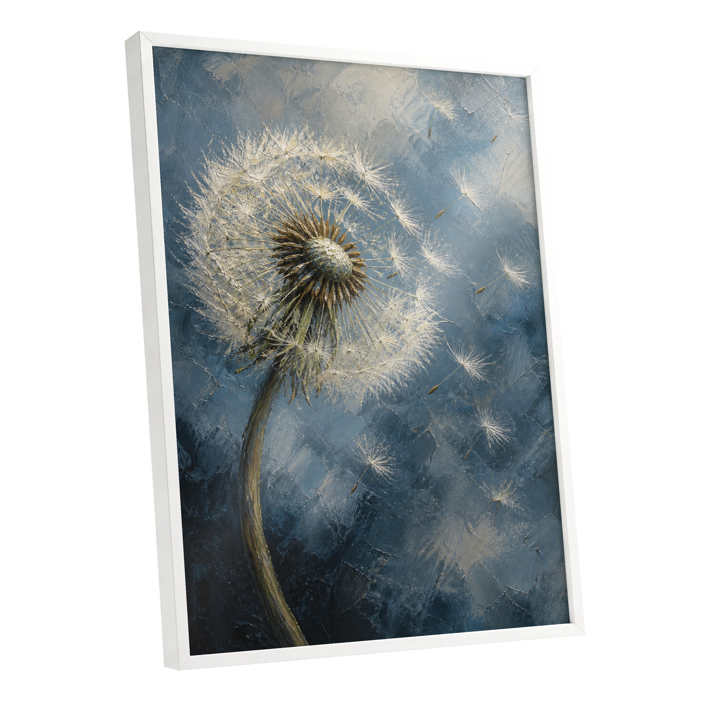 Whispers on the Wind, blue, white, brown nature wall art shown as a white framed poster wall art print