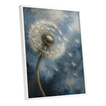 Whispers on the Wind, blue, white, brown nature wall art shown as a white framed poster wall art print