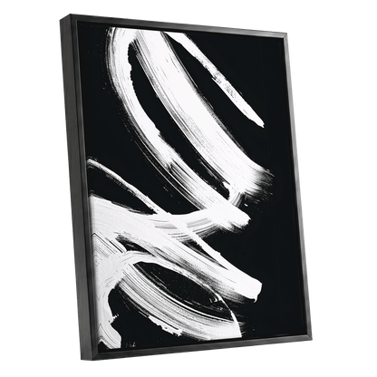 White Current, black, white abstract wall art shown as a black framed canvas wall art