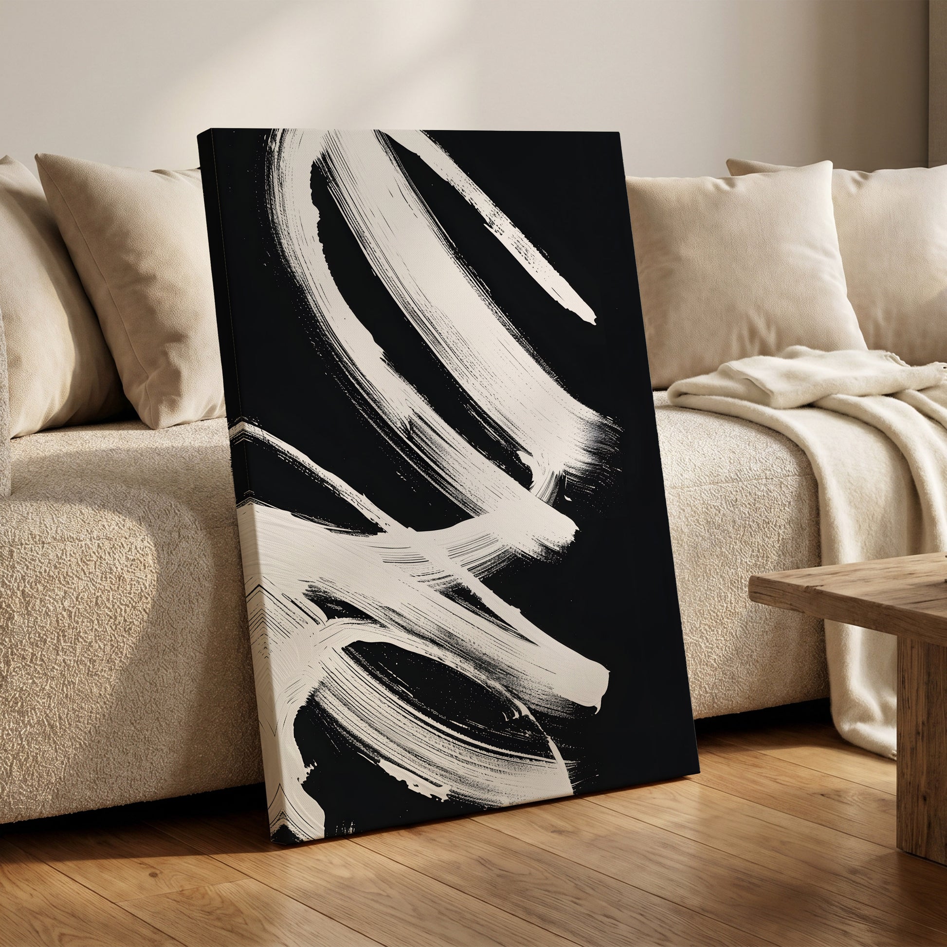 White Current, black, white abstract wall art on canvas displayed in a styled interior, gallery view 1