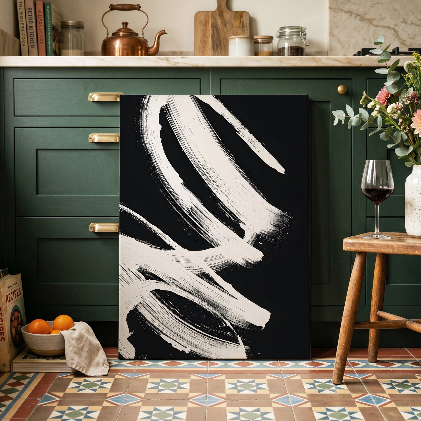 White Current, black, white abstract wall art on canvas displayed in a styled interior, gallery view 2