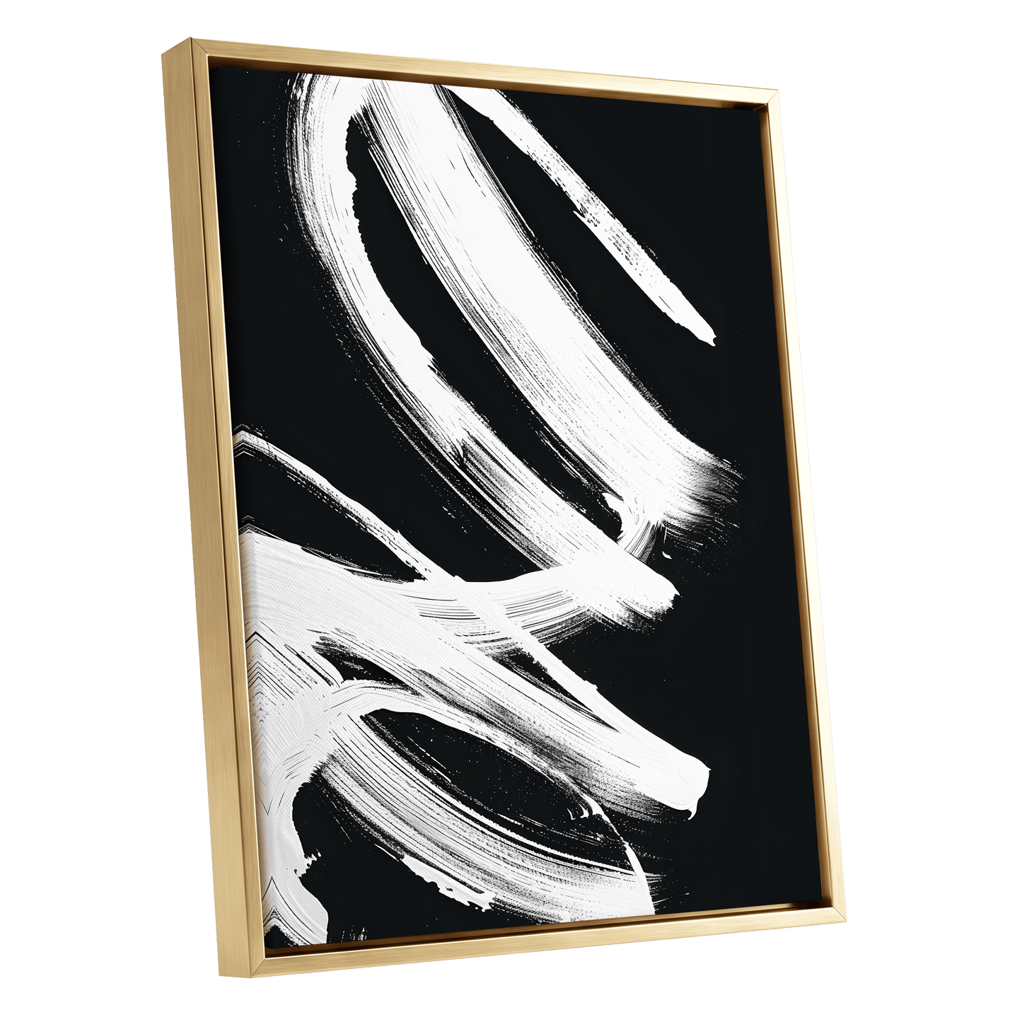 White Current, black, white abstract wall art shown as a gold framed canvas wall art