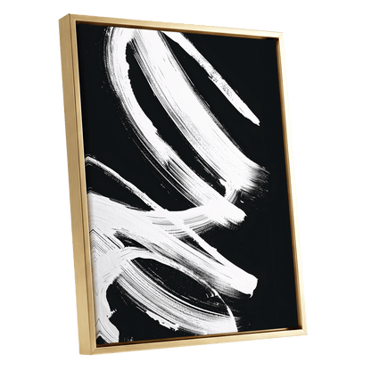 White Current, black, white abstract wall art shown as a gold framed canvas wall art