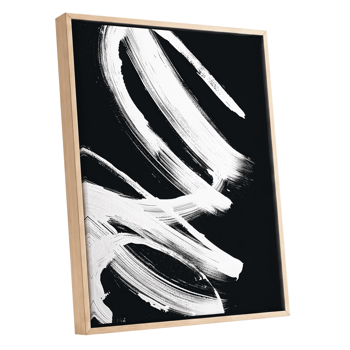 White Current, black, white abstract wall art shown as a oak framed canvas wall art