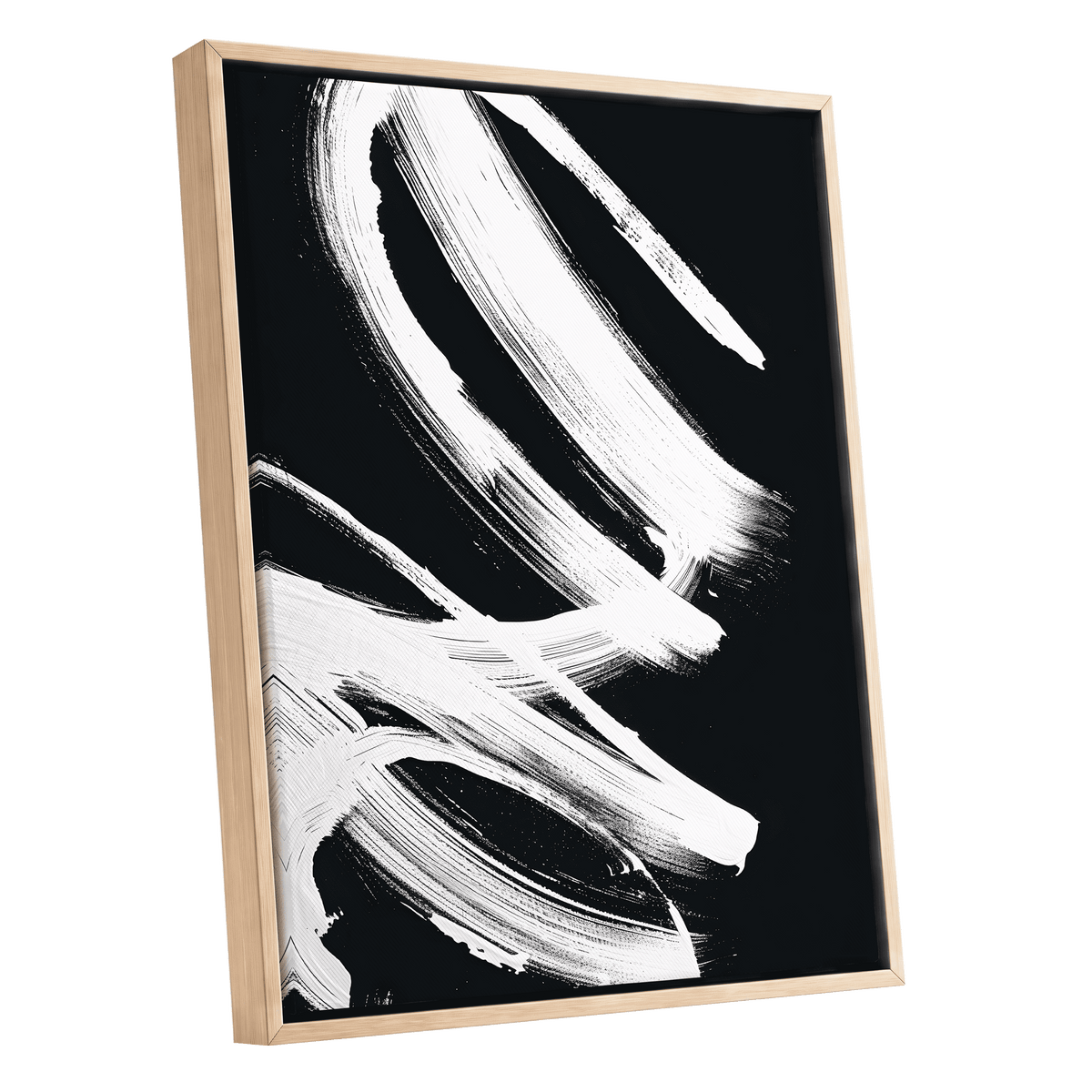 White Current, black, white abstract wall art shown as a oak framed canvas wall art
