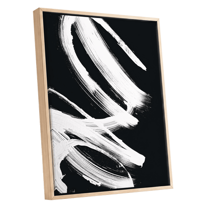 White Current, black, white abstract wall art shown as a oak framed canvas wall art