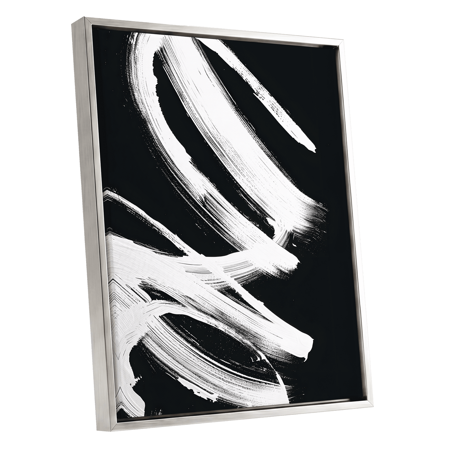 White Current, black, white abstract wall art shown as a silver framed canvas wall art
