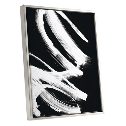 White Current, black, white abstract wall art shown as a silver framed canvas wall art