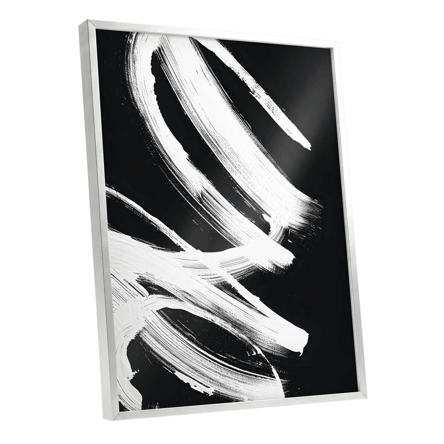 White Current, black, white abstract wall art shown as a silver framed poster wall art print