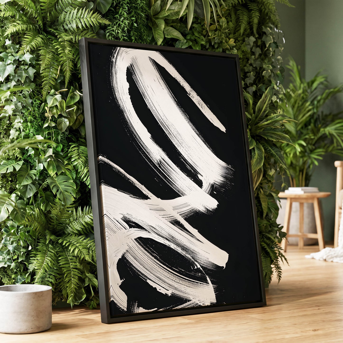 White Current, black, white abstract wall art displayed in a styled interior, gallery view 1